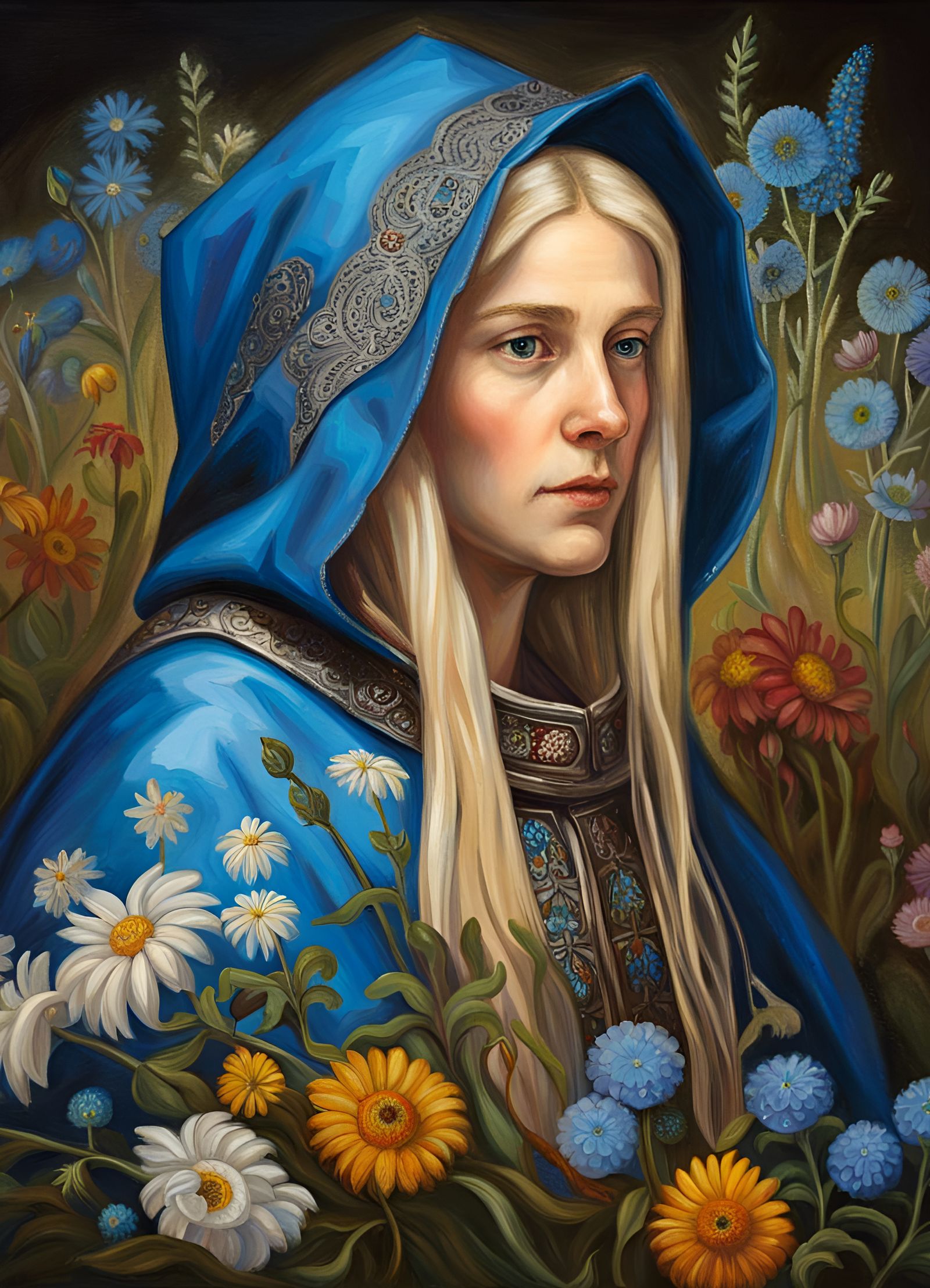 Medieval Cleric Woman in Flower Field as Painting