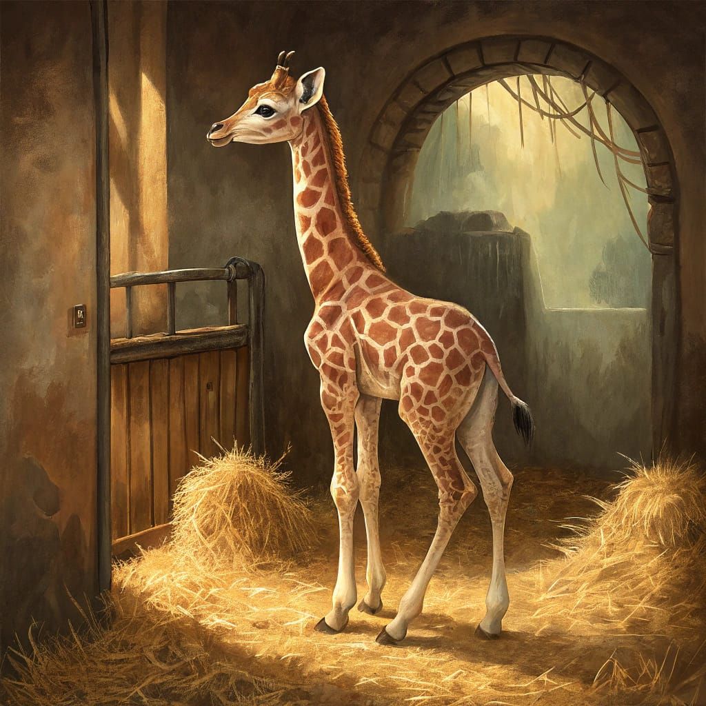 Adorable Giraffe Calf in Albert Bierstadt Style Oil Painting