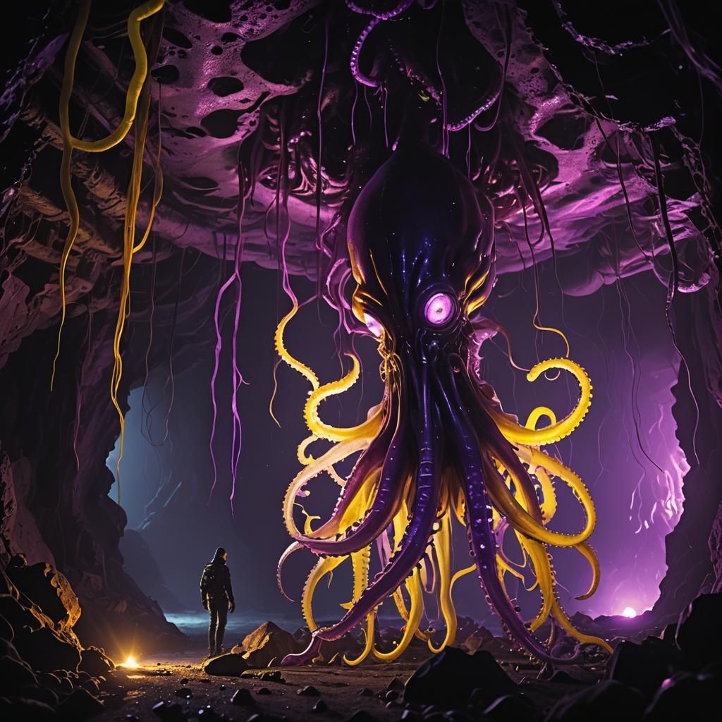 Alien Squid in Mine: Cinematic Bioluminescent Scene