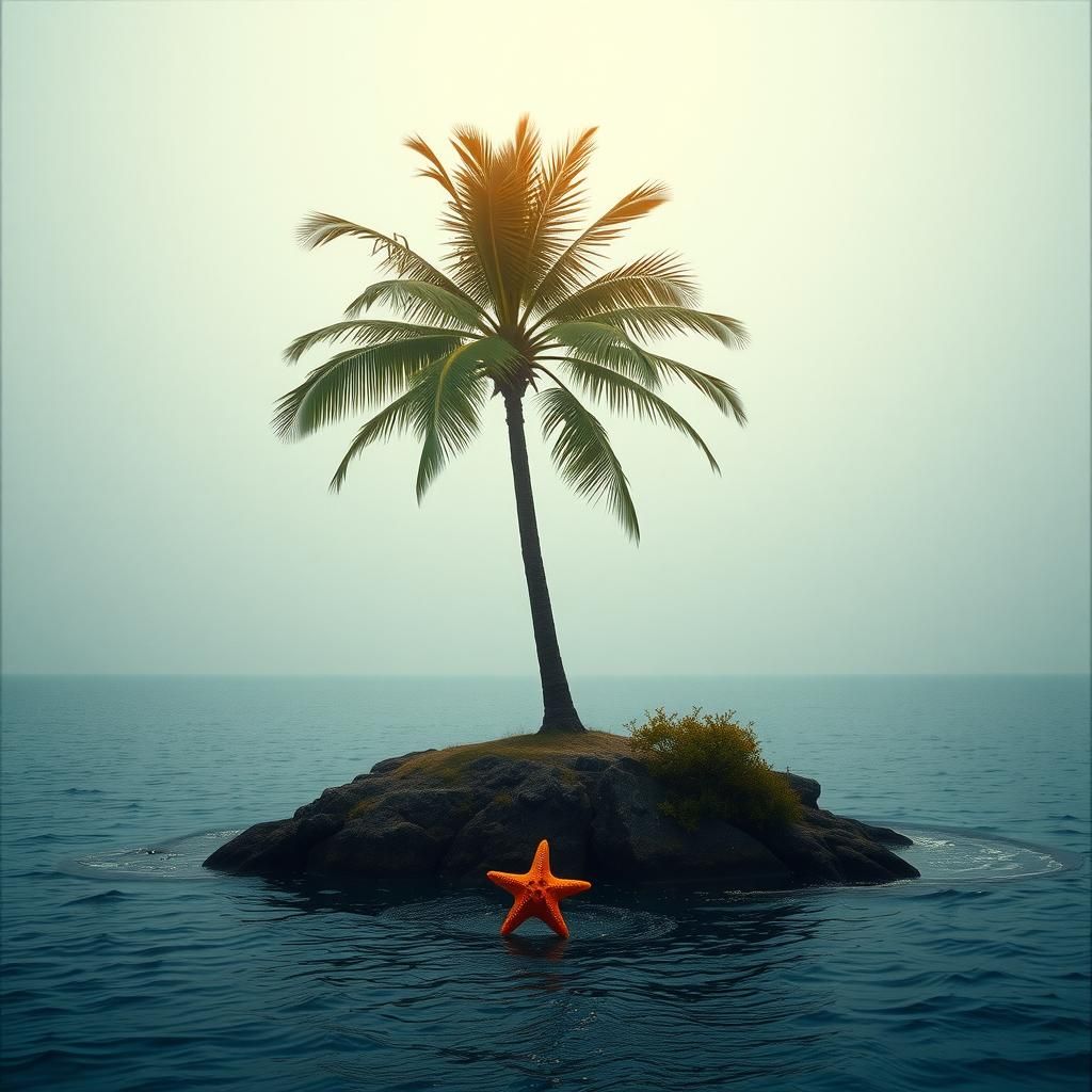 Palm Tree on Island with Seashell and Starfish