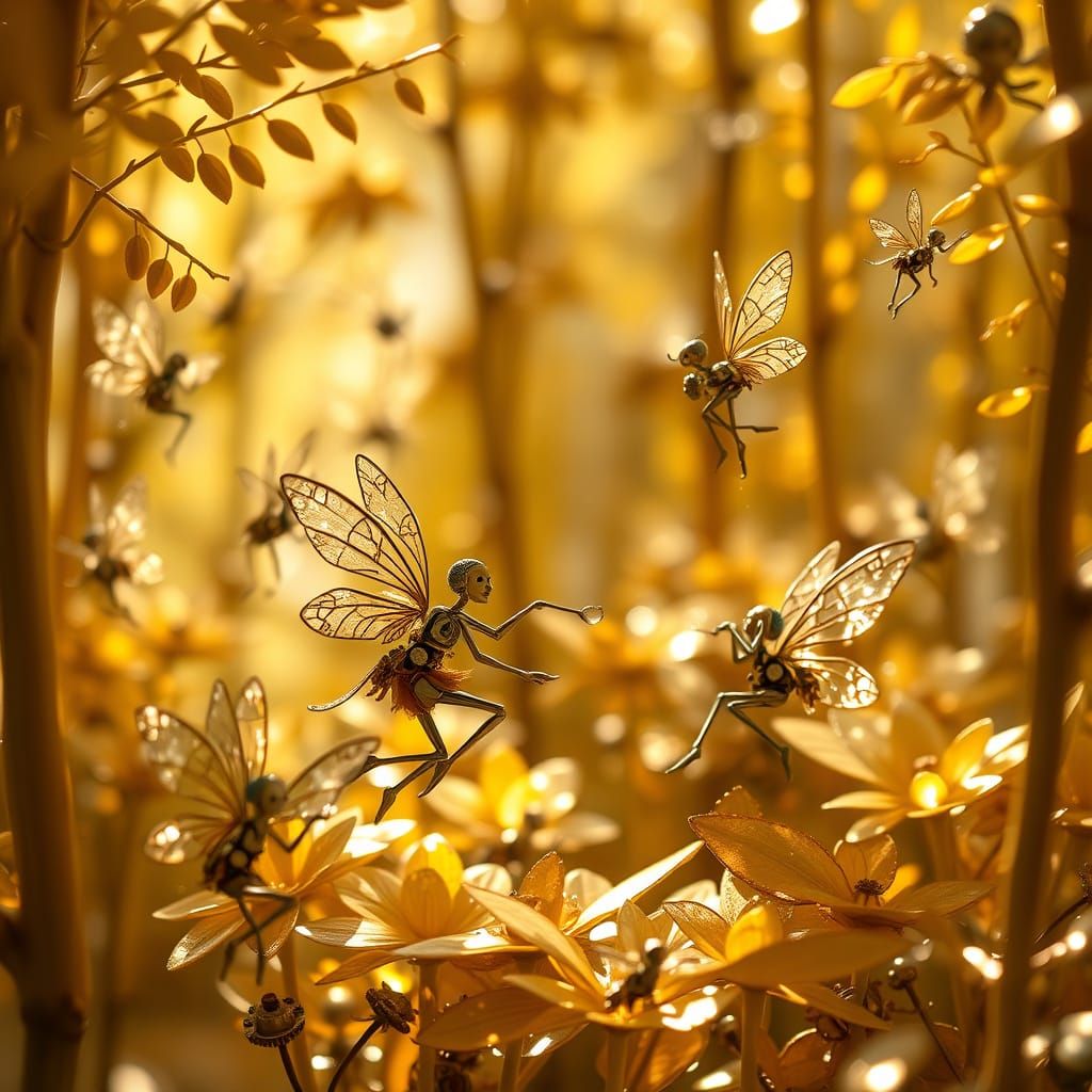 Mechanical Fairies Dance in a Gilded Steampunk Forest