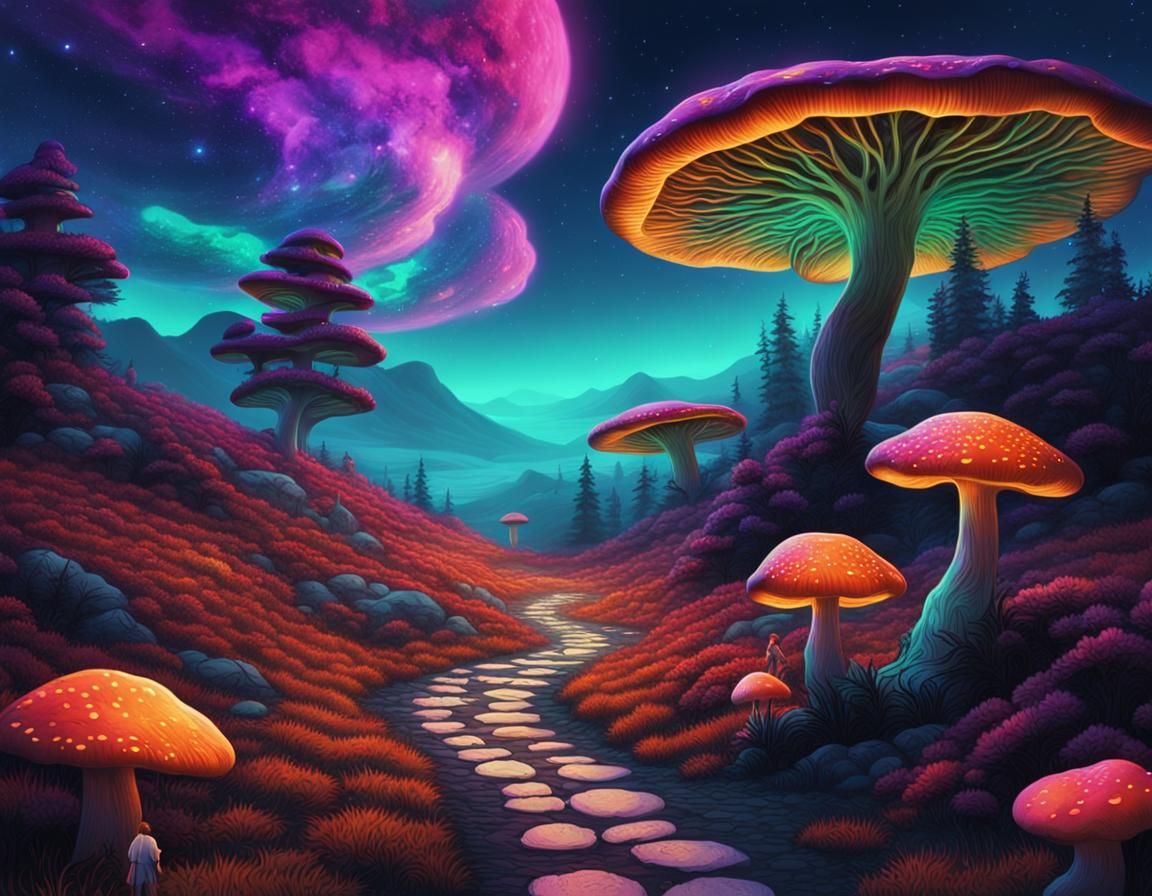 Psychedelic Fantasy Landscape with Glowing Flora