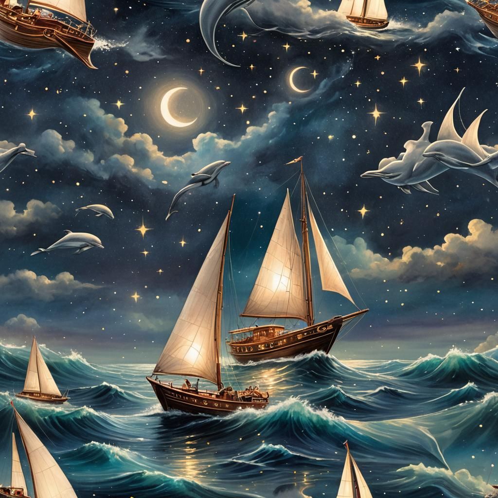 Luminous Sailboat Under Starry Sky in Ethereal Style