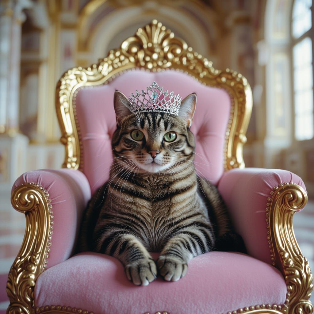 Tabby Cat in Tiara on Throne, Cinematic Style