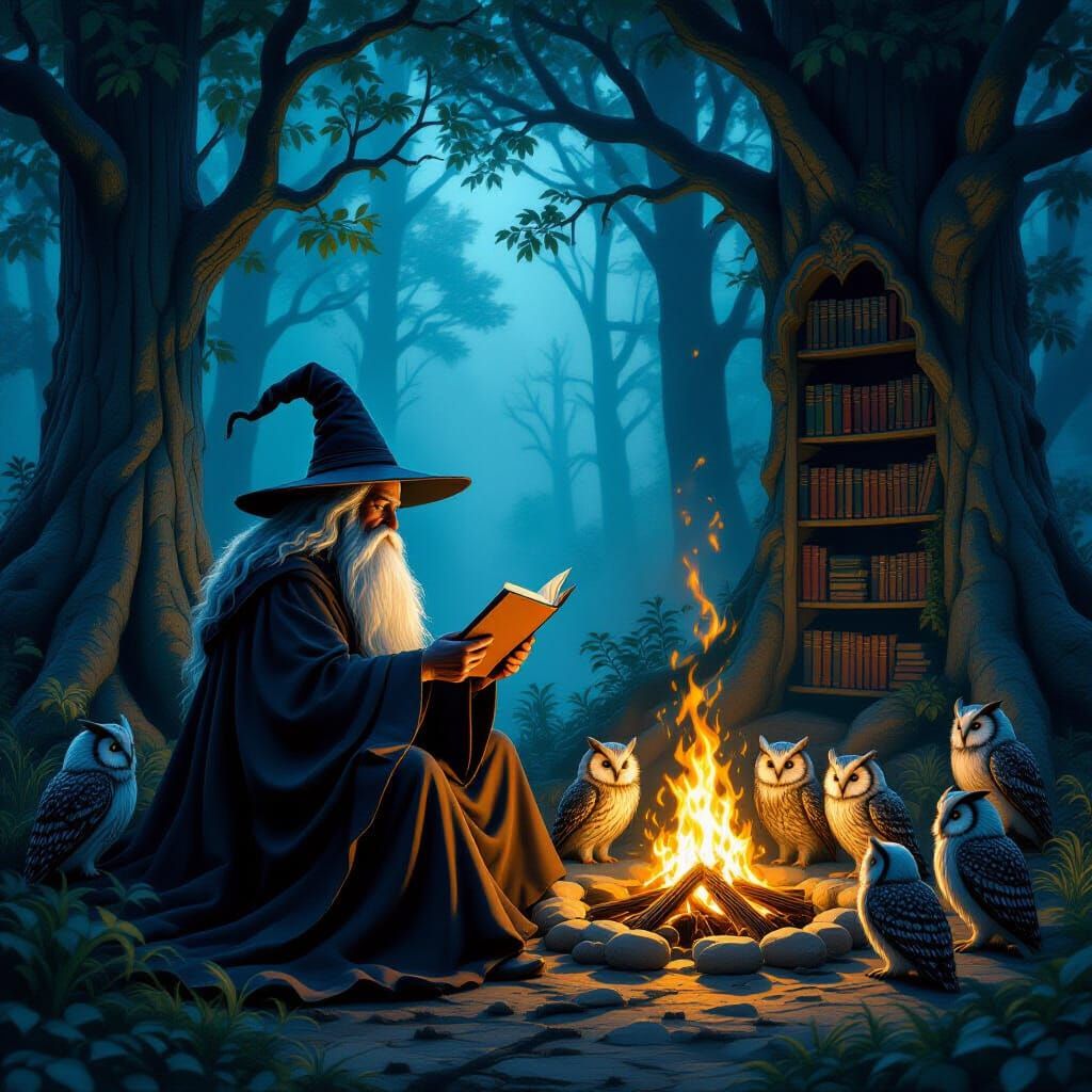Wizard Reading to Owls in Dark Fantasy Style