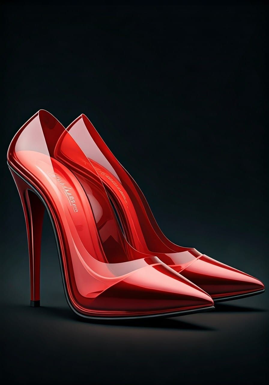 Detailed, exquisite stiletto high-heeled shoes crafted from glossy, transparent PVC, flaunting vibrant, bold red hues wi...