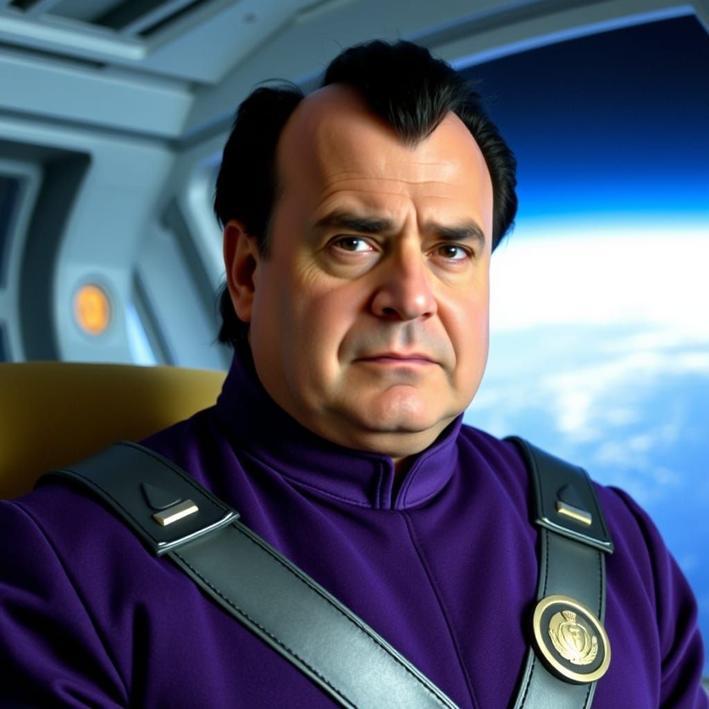 Centauri Londo Mollari (Peter Jurasik) with olive skin, wearing hair styled in a horizontal huge black crescent below hi...