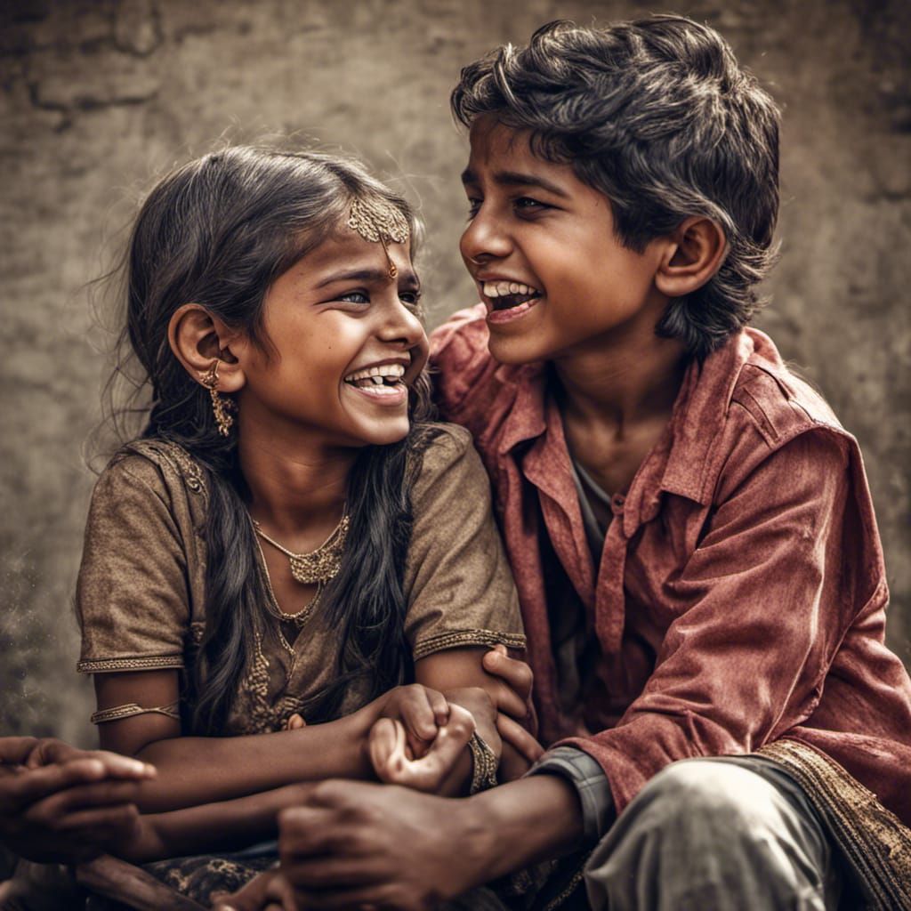 Laughing Indian Children, Hyperrealistic 64 Megapixel Image