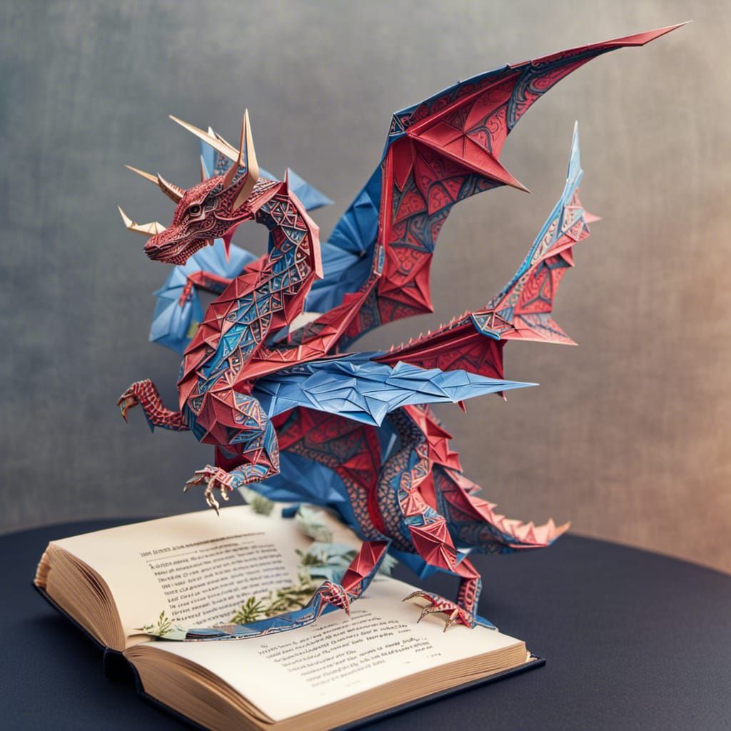 Origami Dragon Emerges from Storybook in Watercolor Style