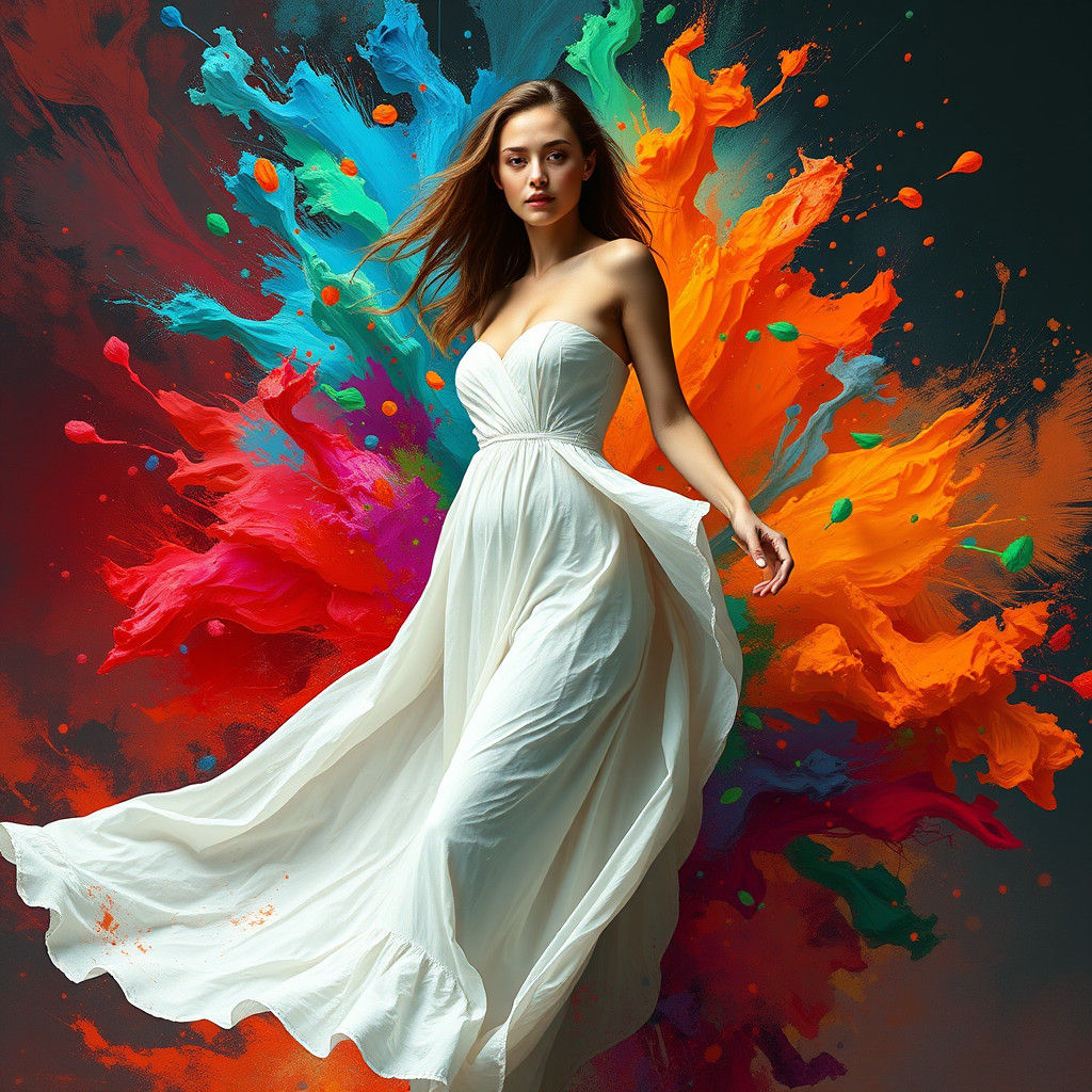 Woman in White Dress with Colorful Explosion