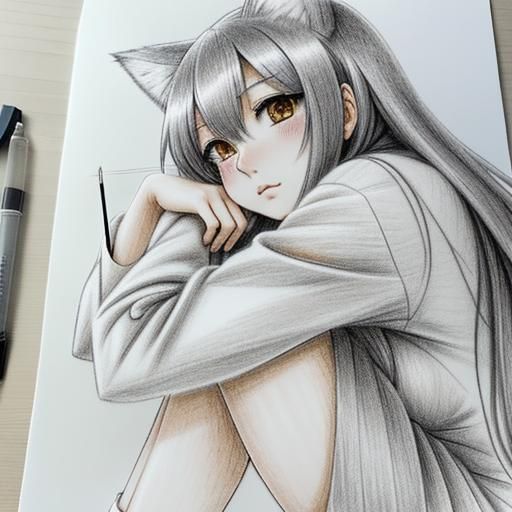 Kuroneko Cat-Girl in Anime Pencil Drawing Style