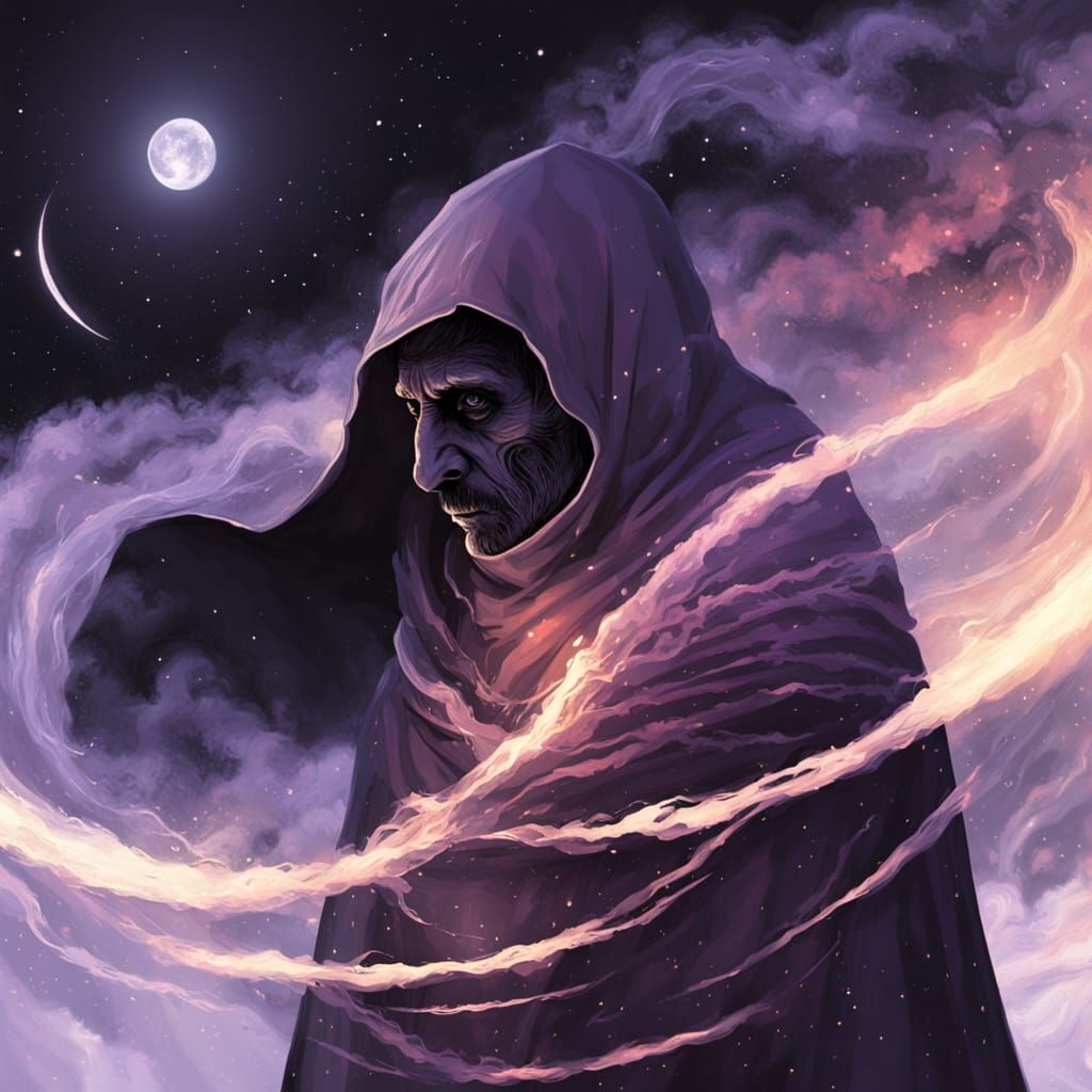 Cloaked Figure Before Cosmic Vortex