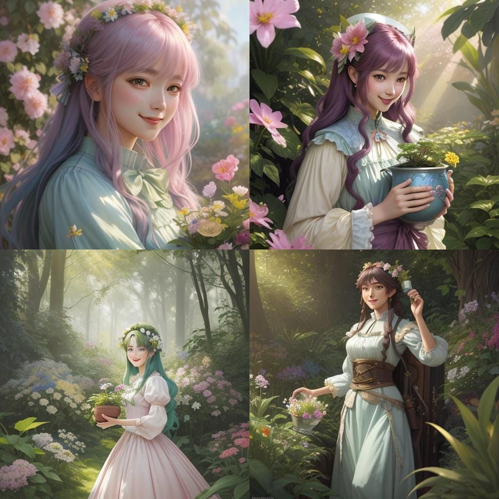 Woman Gardener with Goofy Flytrap in Anime Style