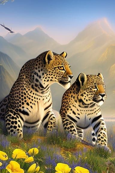 Leopards Lounging in a Field of Yellow Flowers