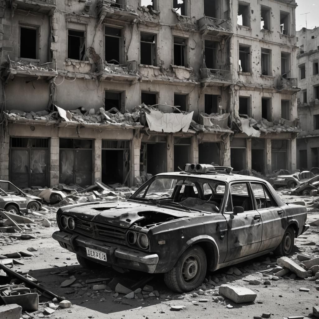 War-Torn Car in Syrian City Ruins
