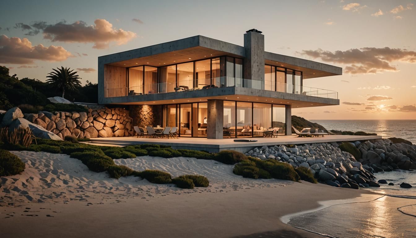 Serene Modern Beach House in Hyperrealistic Style
