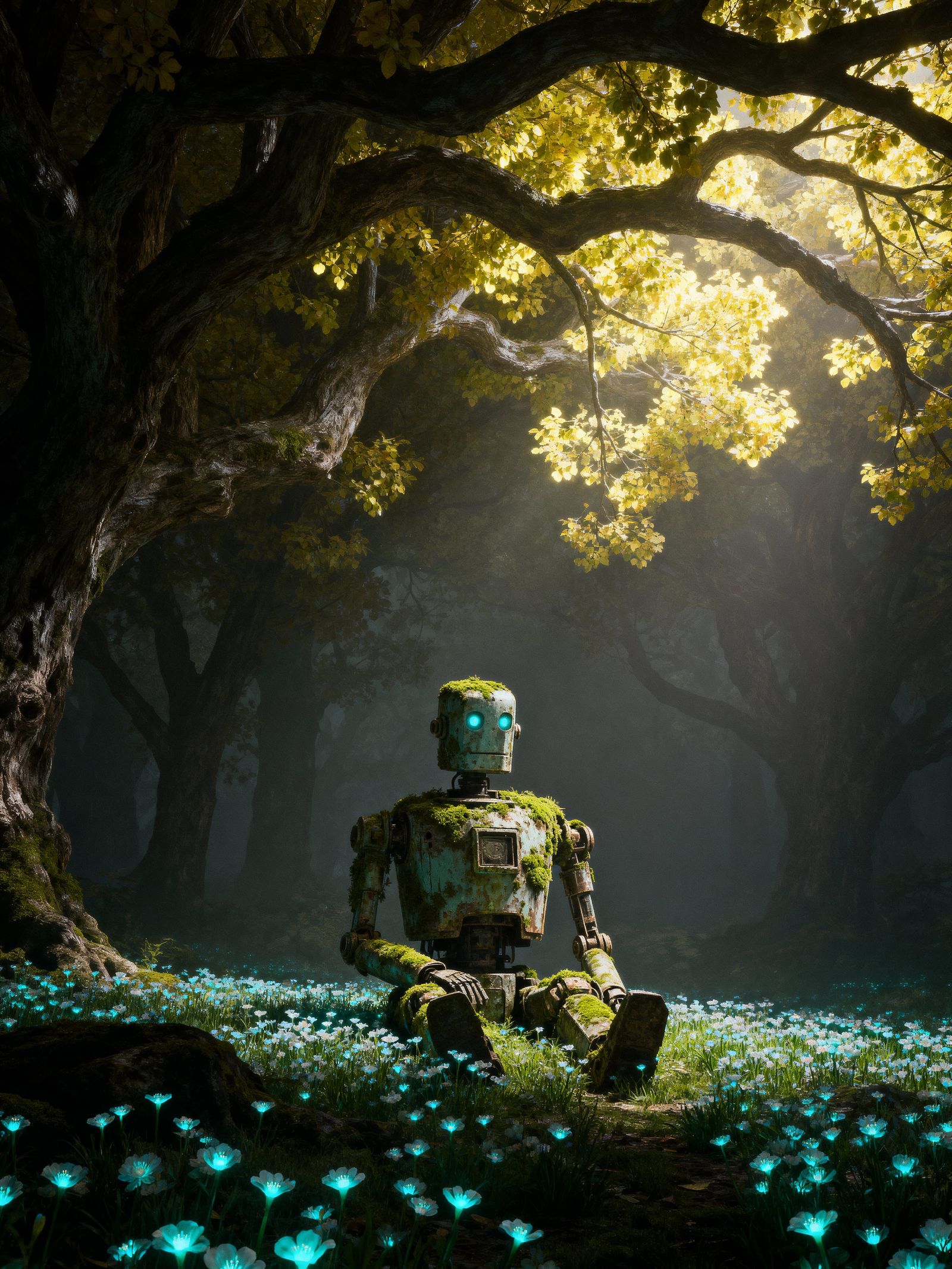 Ancient Robot in Bioluminescent Flower Field