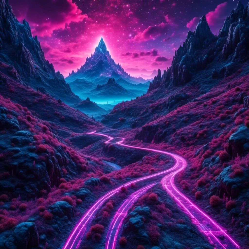 Futuristic Suburb with Neon Road in Comic Book Style