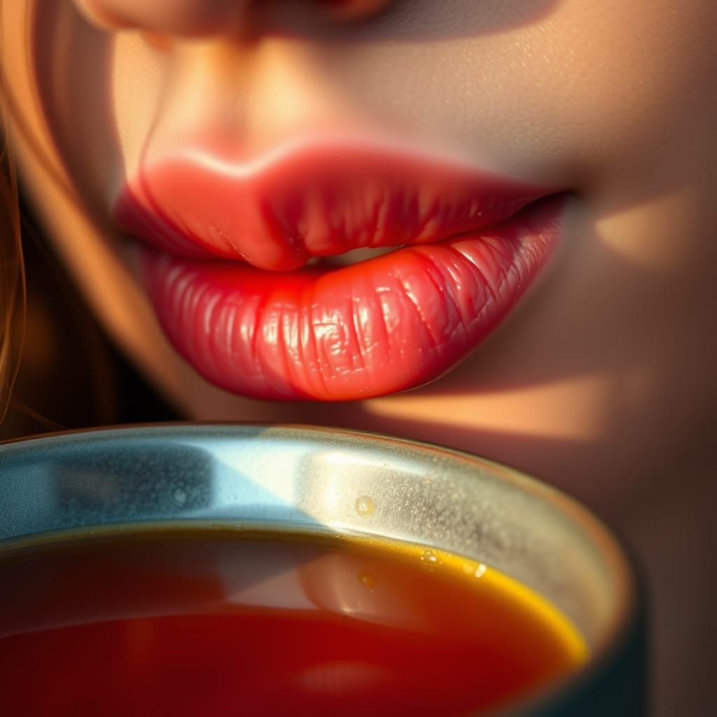 Close-Up of Lips Anticipating Broth, Photorealistic