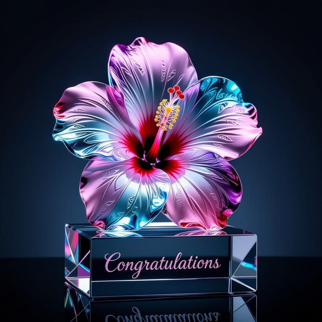 Glass Hibiscus Flower Statue on Crystal Base