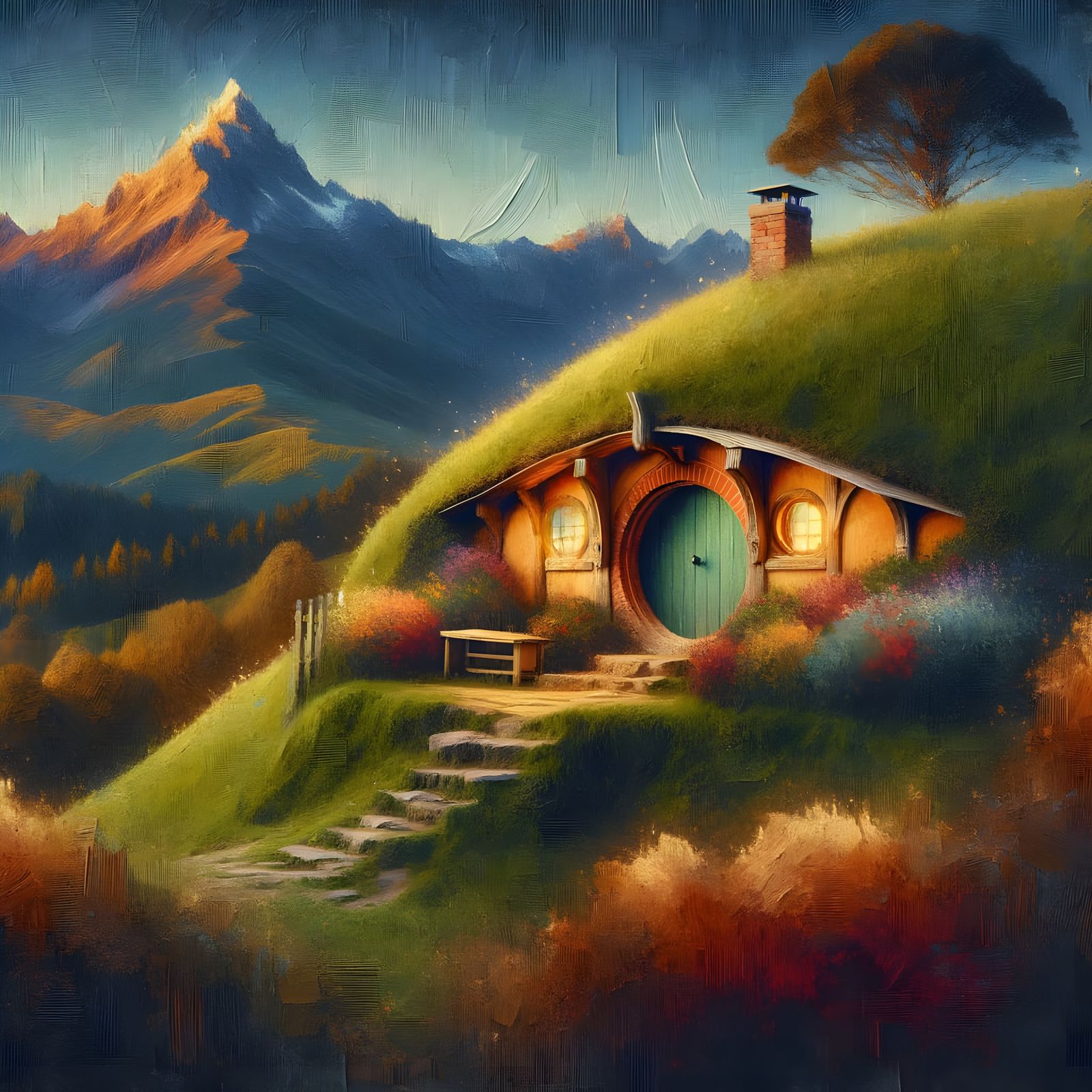 Rustic Hobbit House in Warm Autumn Light