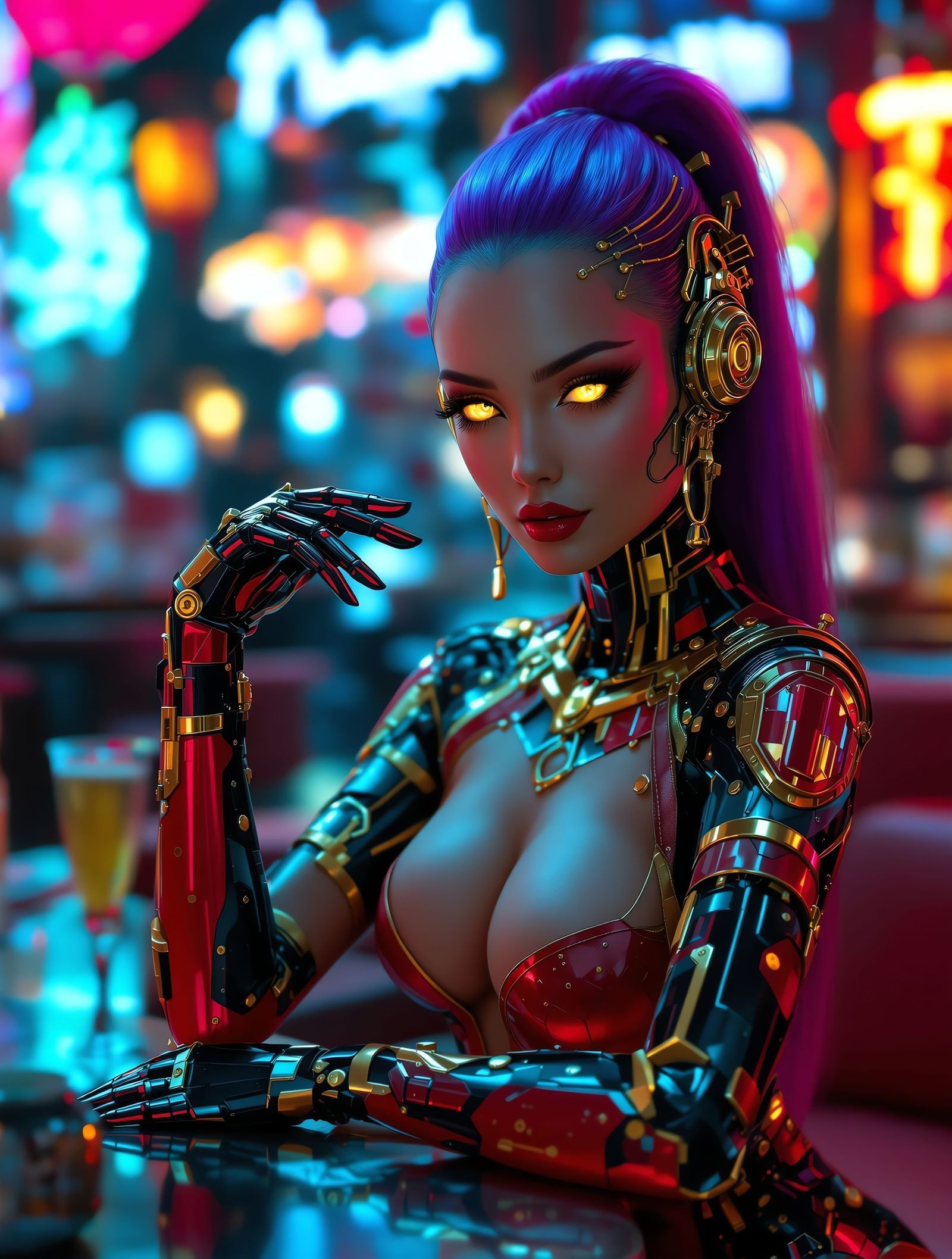 Cyborg Hostess with Gold Cybernetics in Cyberpunk Style