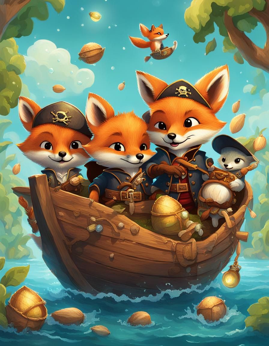 Pirate Foxes Sailing Dewdrop Ocean for Acorn Treasure