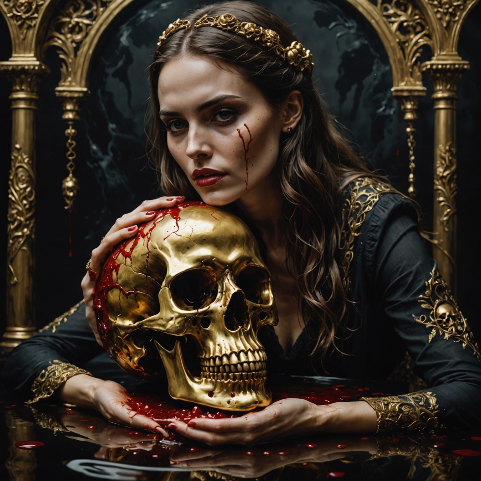 Hyperrealistic Woman Holds Skull Drowning in Blood