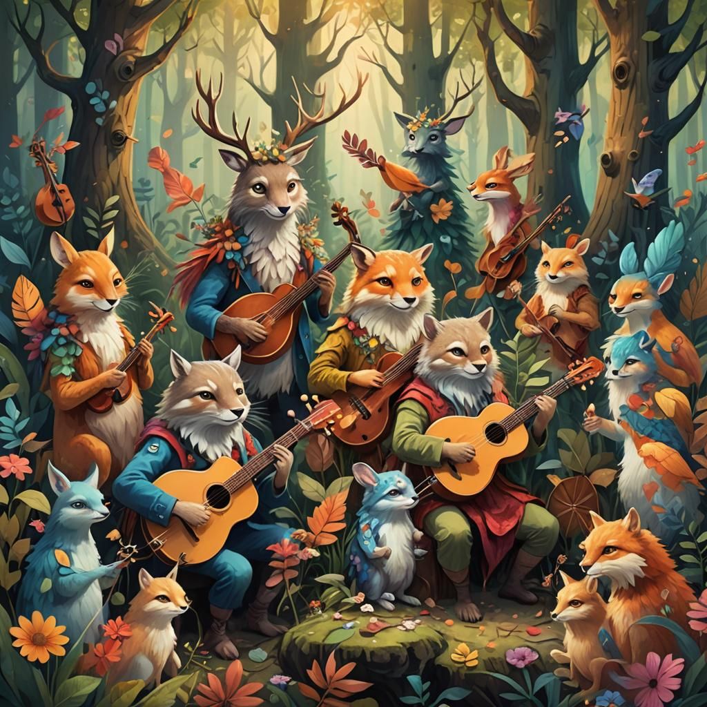 Whimsical Half-Animal Musicians in Dreamy Forest