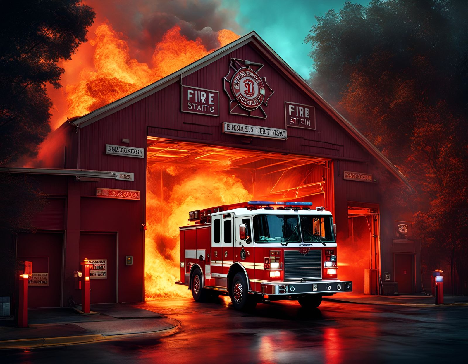 Fire Station on Fire: A Maximalist Digital Illustration