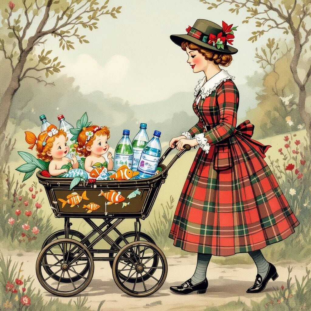 Whimsical Nanny with Mermaid Babies, Illustrated Style