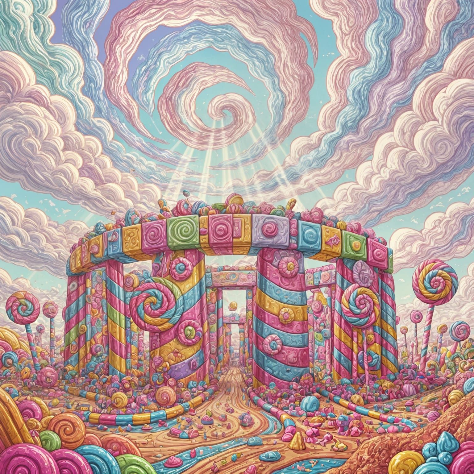 Candy Stonehenge Under Pink Clouds in Gouache Style