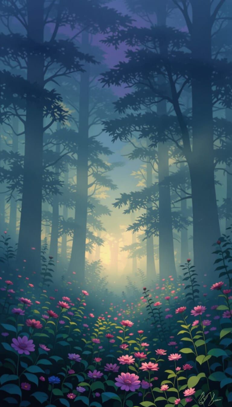Mystical Forest in Ethereal Fog with Vibrant Flowers