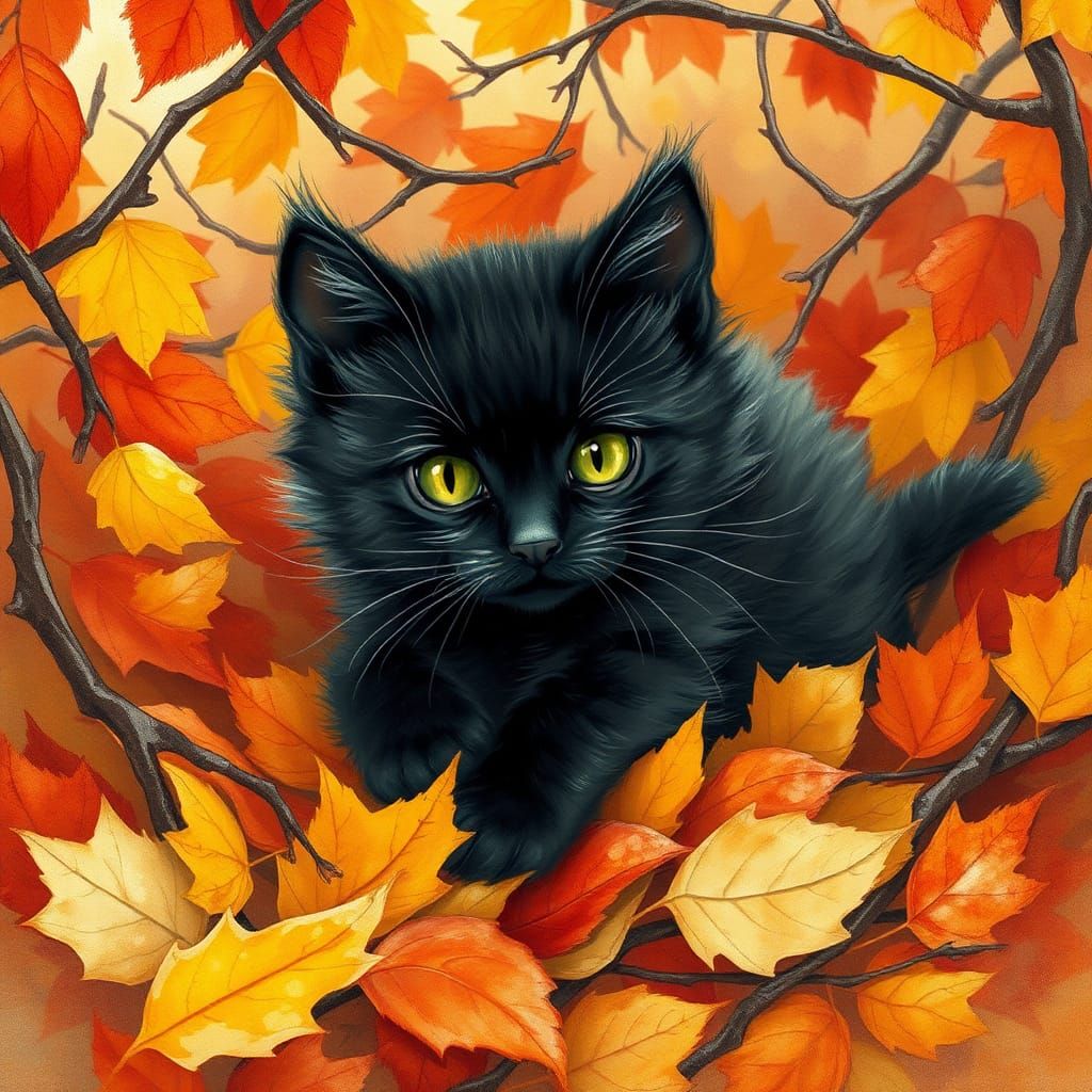 Black Kitten in Autumn Leaves, Watercolor Style