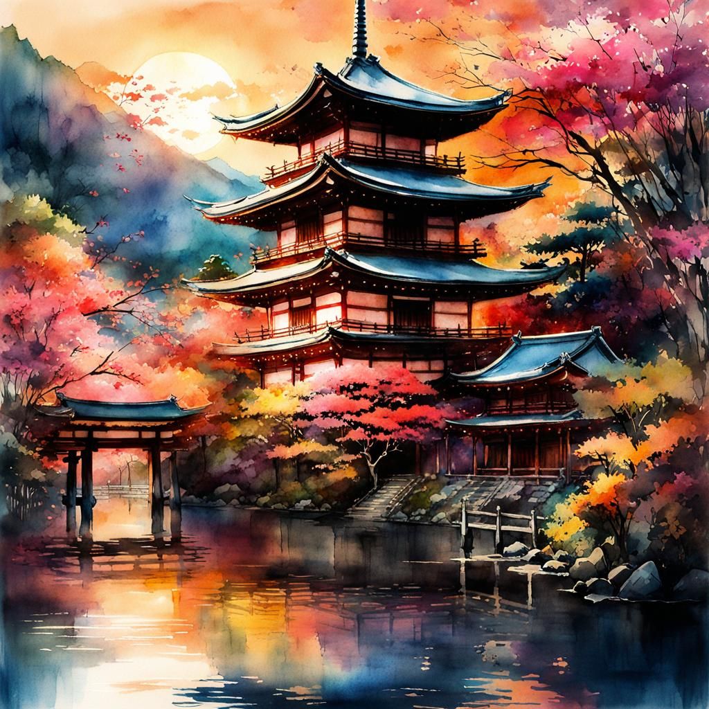 Japanese Temple Sunset: Digital Watercolor Postcard Art