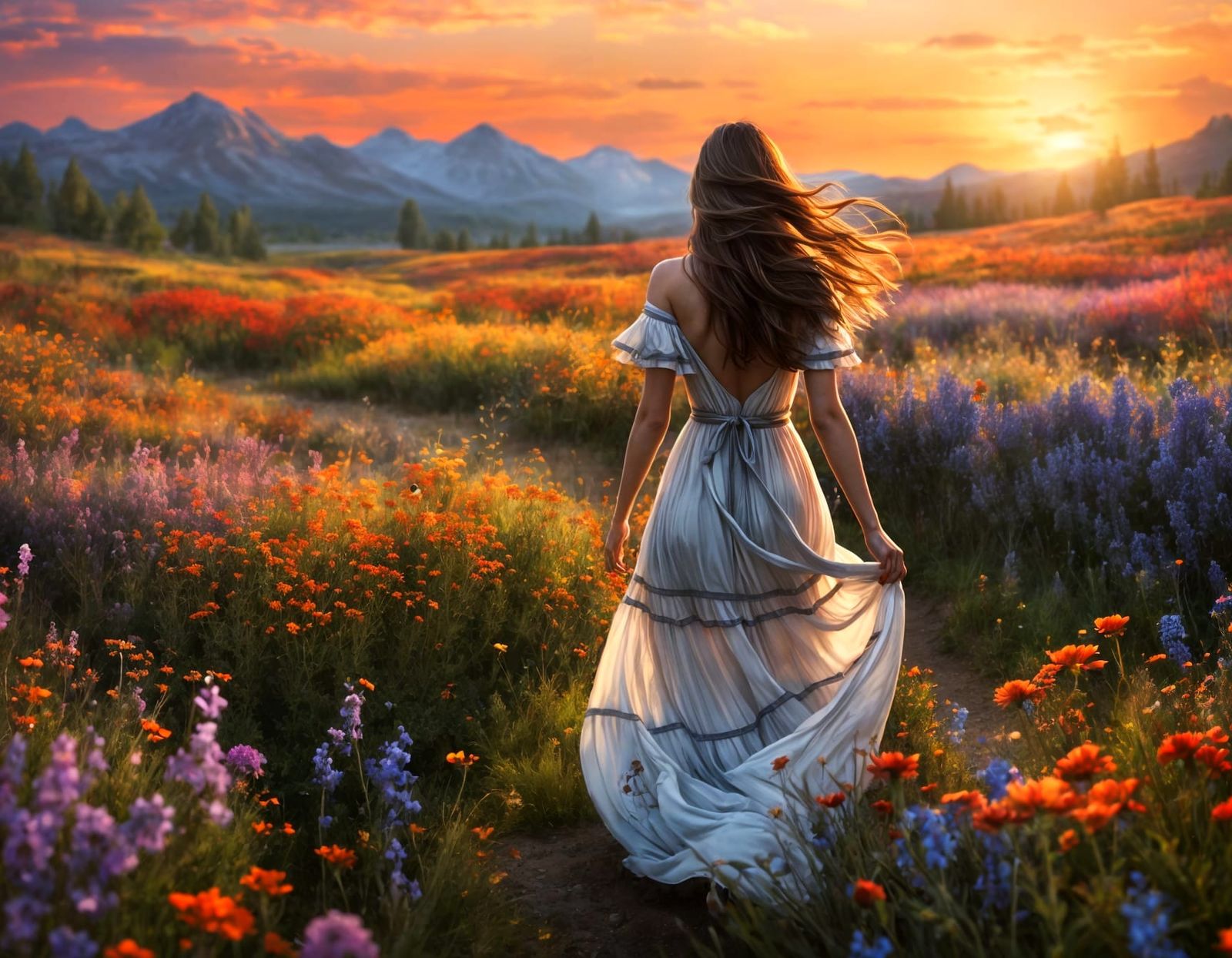 Serene Springtime Goddess Amongst Vibrant Wildflowers