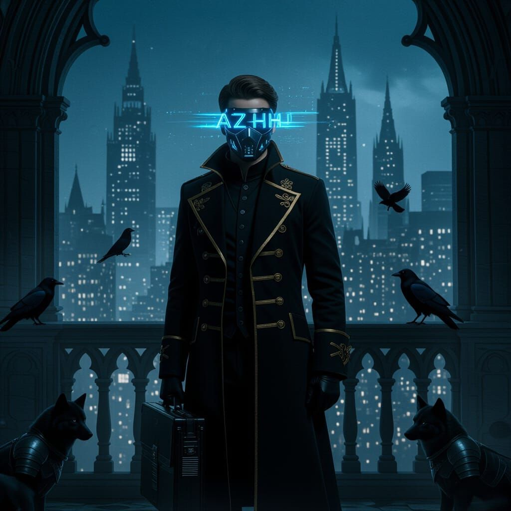 Gothic Spy King with High-Tech Mask in Neo-Noir Style