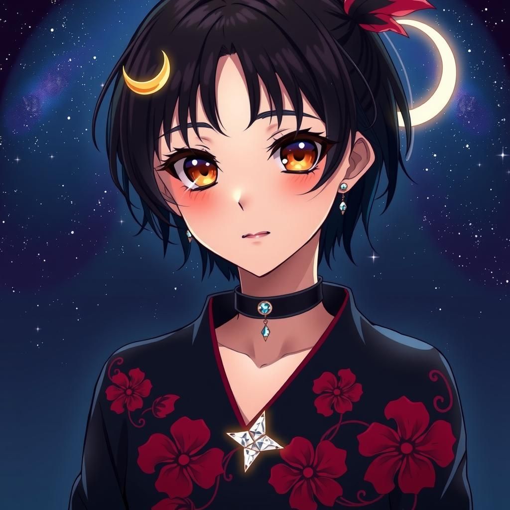 Anime Heroine with Crescent Moon in Starry Sky