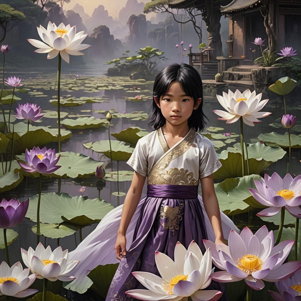 Boy in Lotus Flower with Purple Eyes