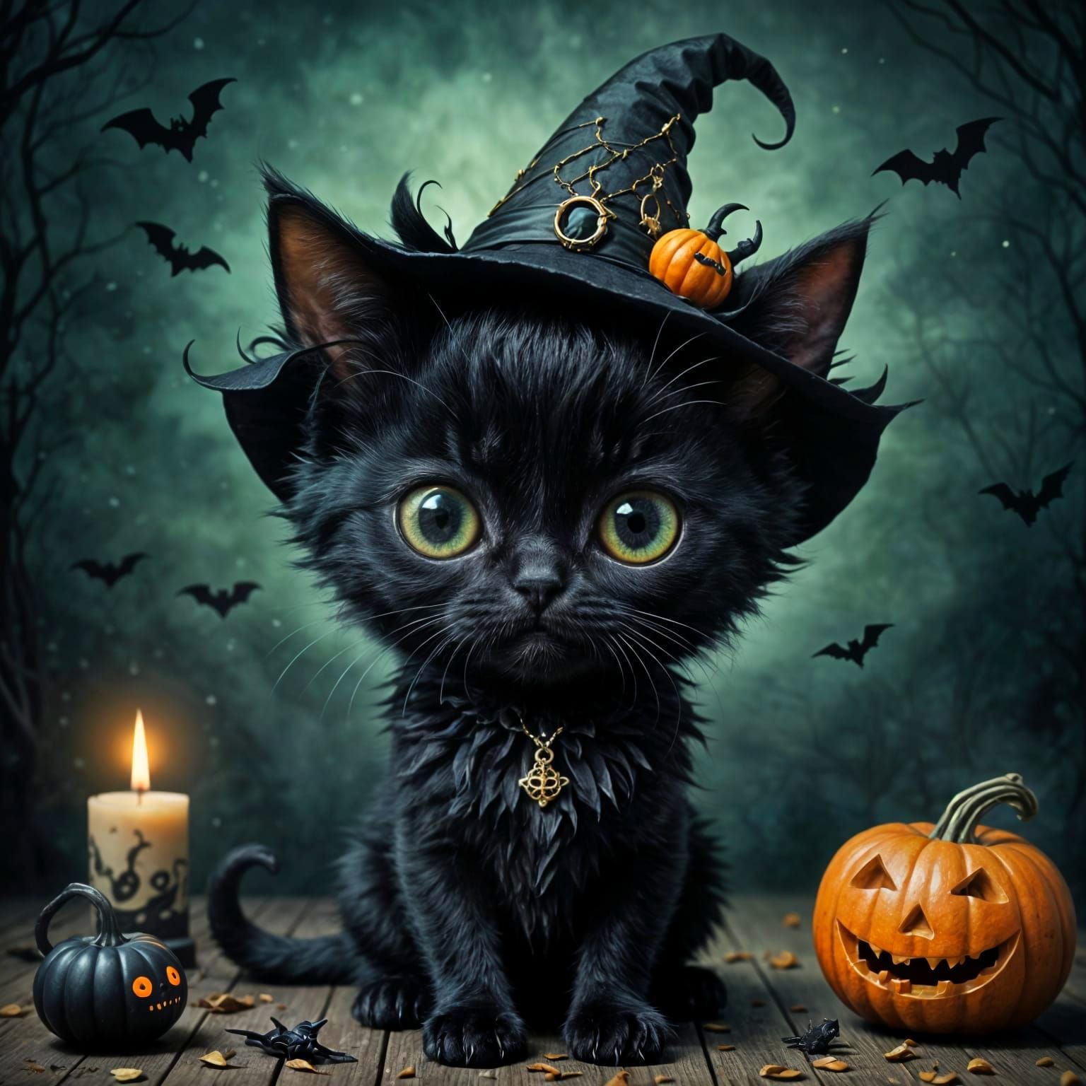 Cute and Scary Witch Kitten in Digital Art Style