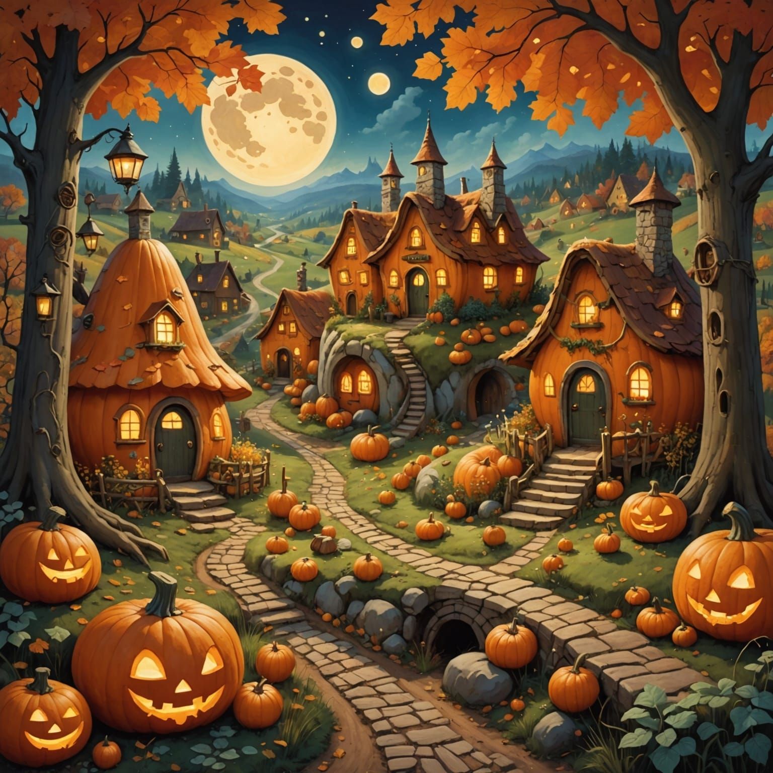 Whimsical Pumpkin Village Scene in Children's Book Style
