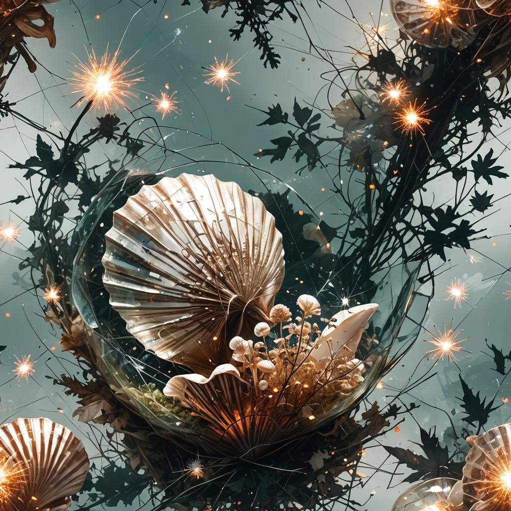 Double Exposure Seashell Art with Vines and Fireworks