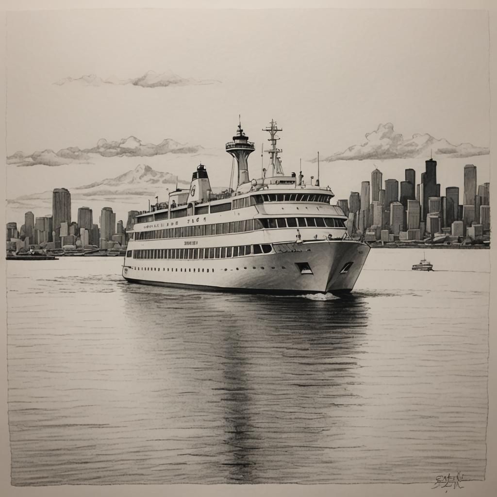 Seattle Ferry in Pencil Sketch Style