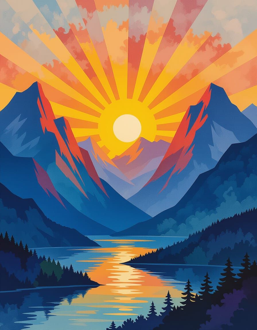 Majestic Mountain Sunrise in Gouache Watercolor Style