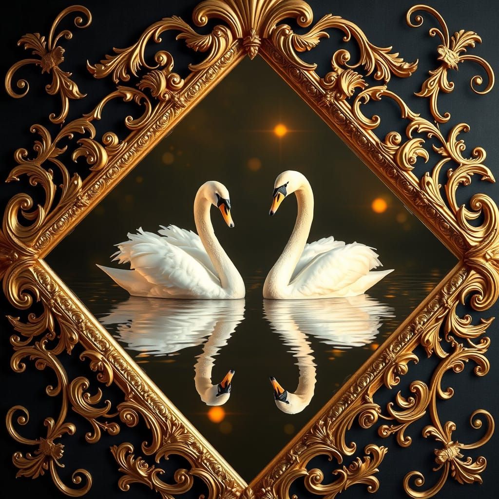 Majestic Swans in Baroque-Style Mirror Frame