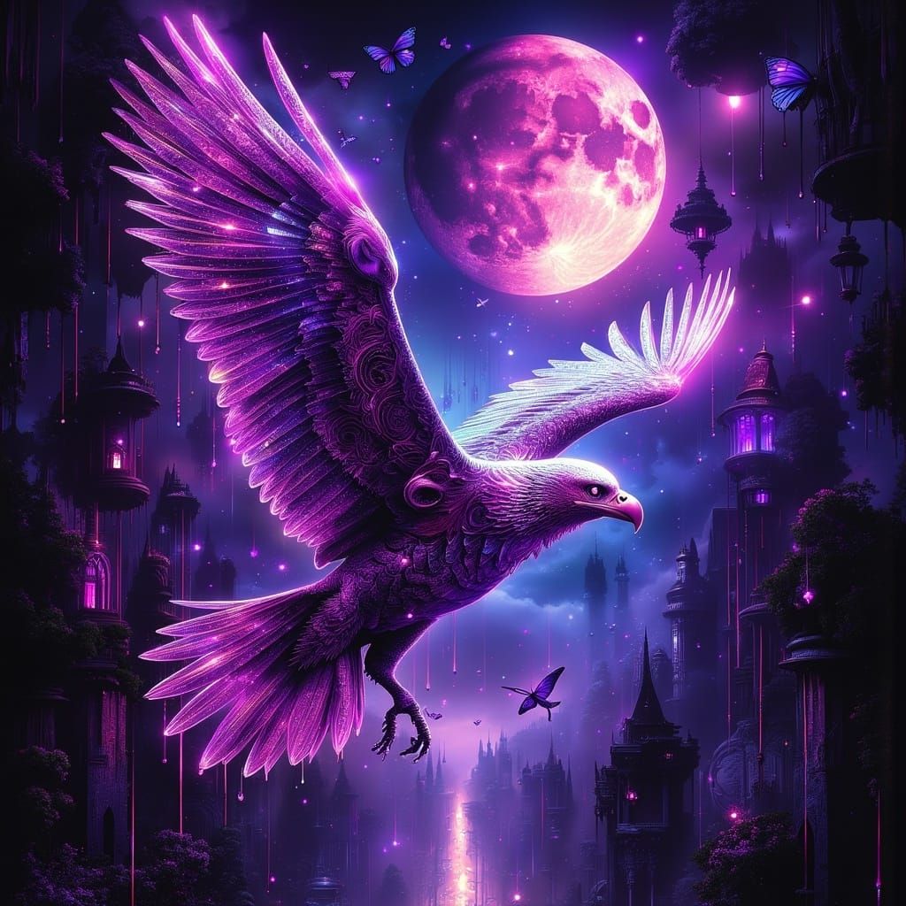 Surreal Eagle Soars in Vibrant Moonlit Skies
