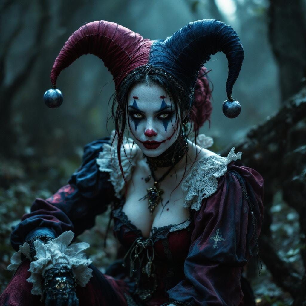 Medieval Harley Quinn Jester in Gothic Dark Fantasy