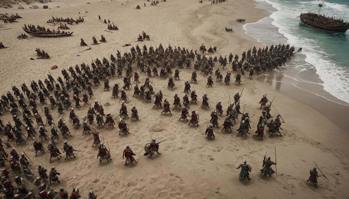 a realistic image of Phoenician soldiers in battle on the be...