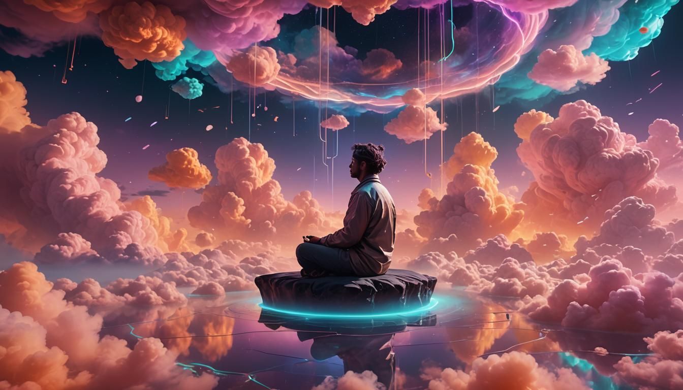 Meditative Figure in Surreal Sci-Fi Dreamscape