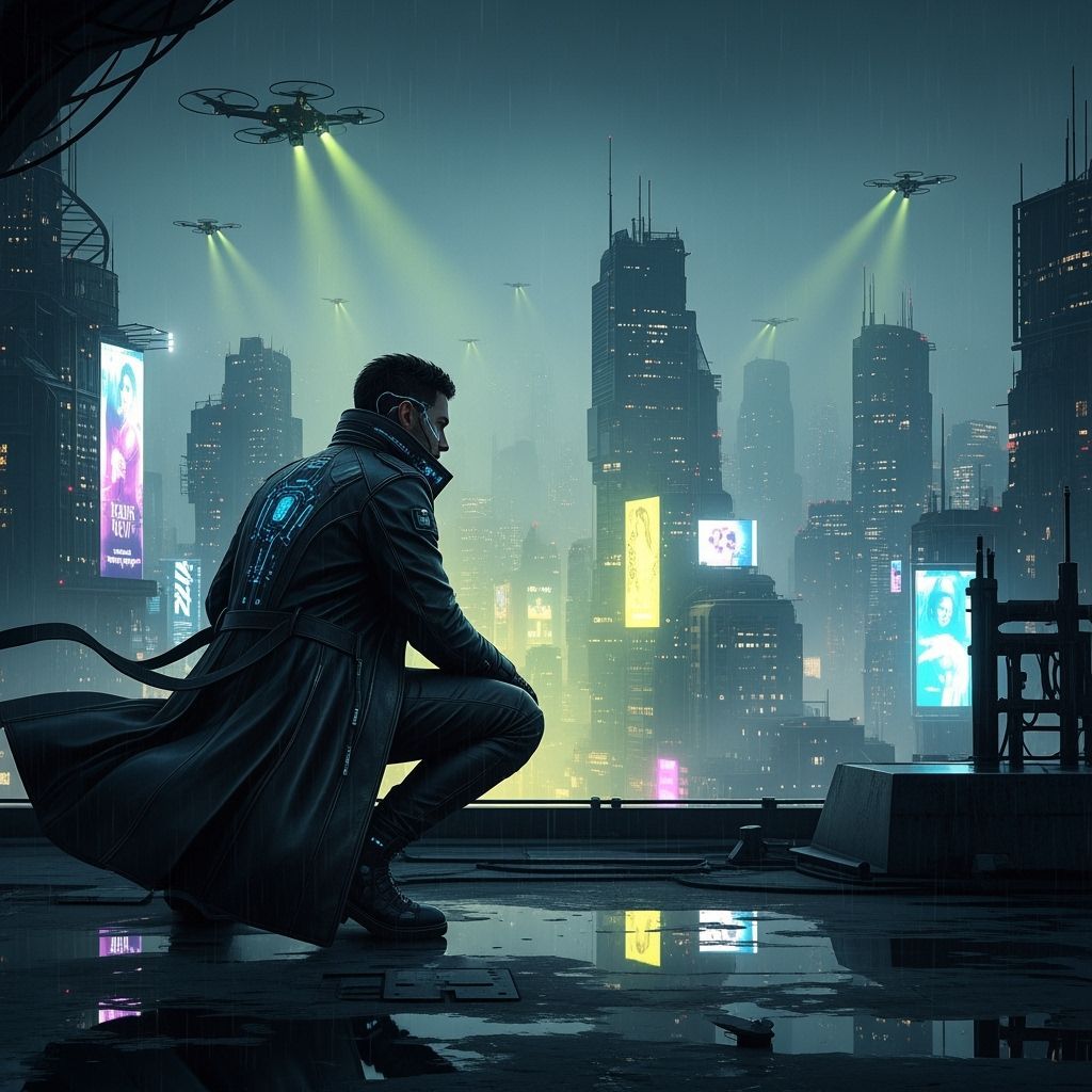 Hacker Overlooking Dystopian Cityscape in Cyberpunk Style
